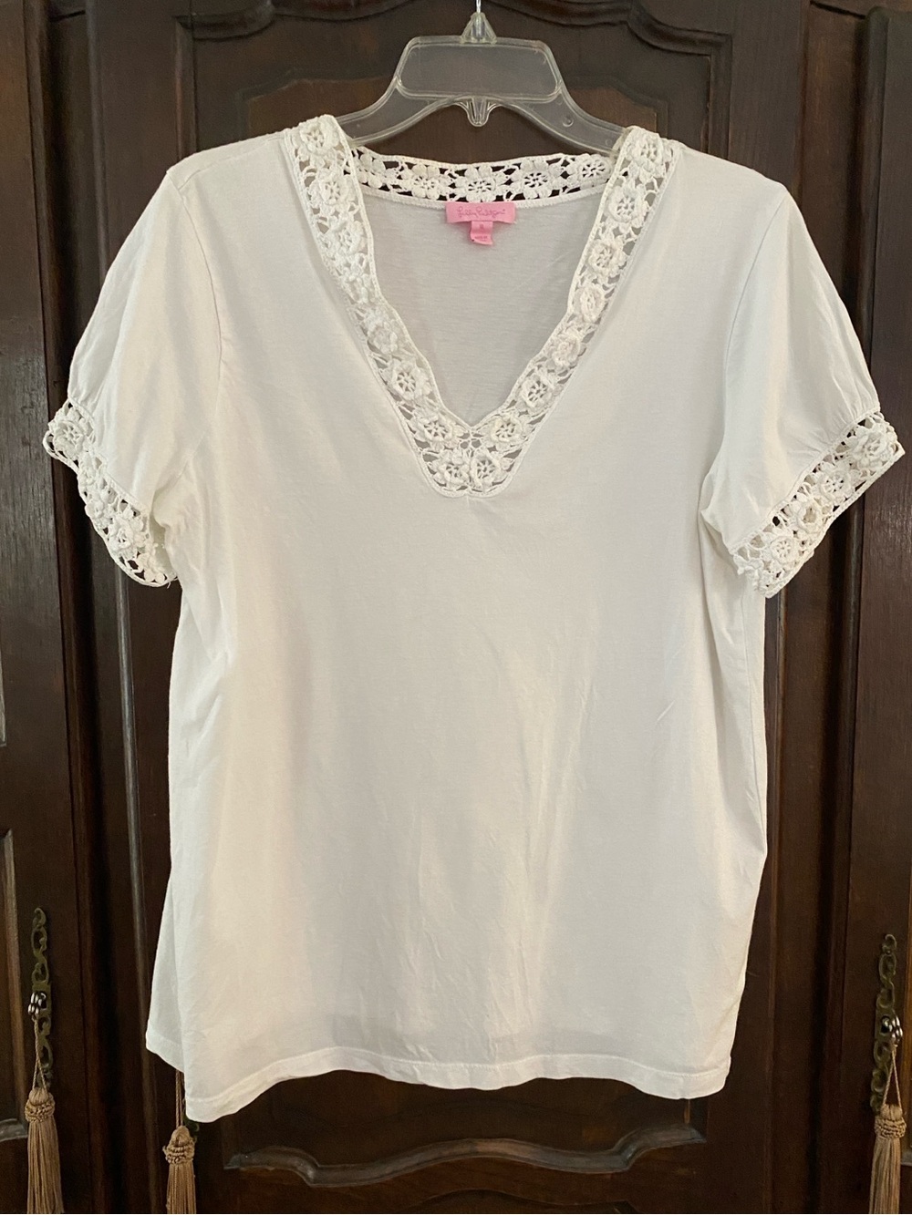 Lily Pulitzer white cotton short sleeve tee w crochet trim XL see comments